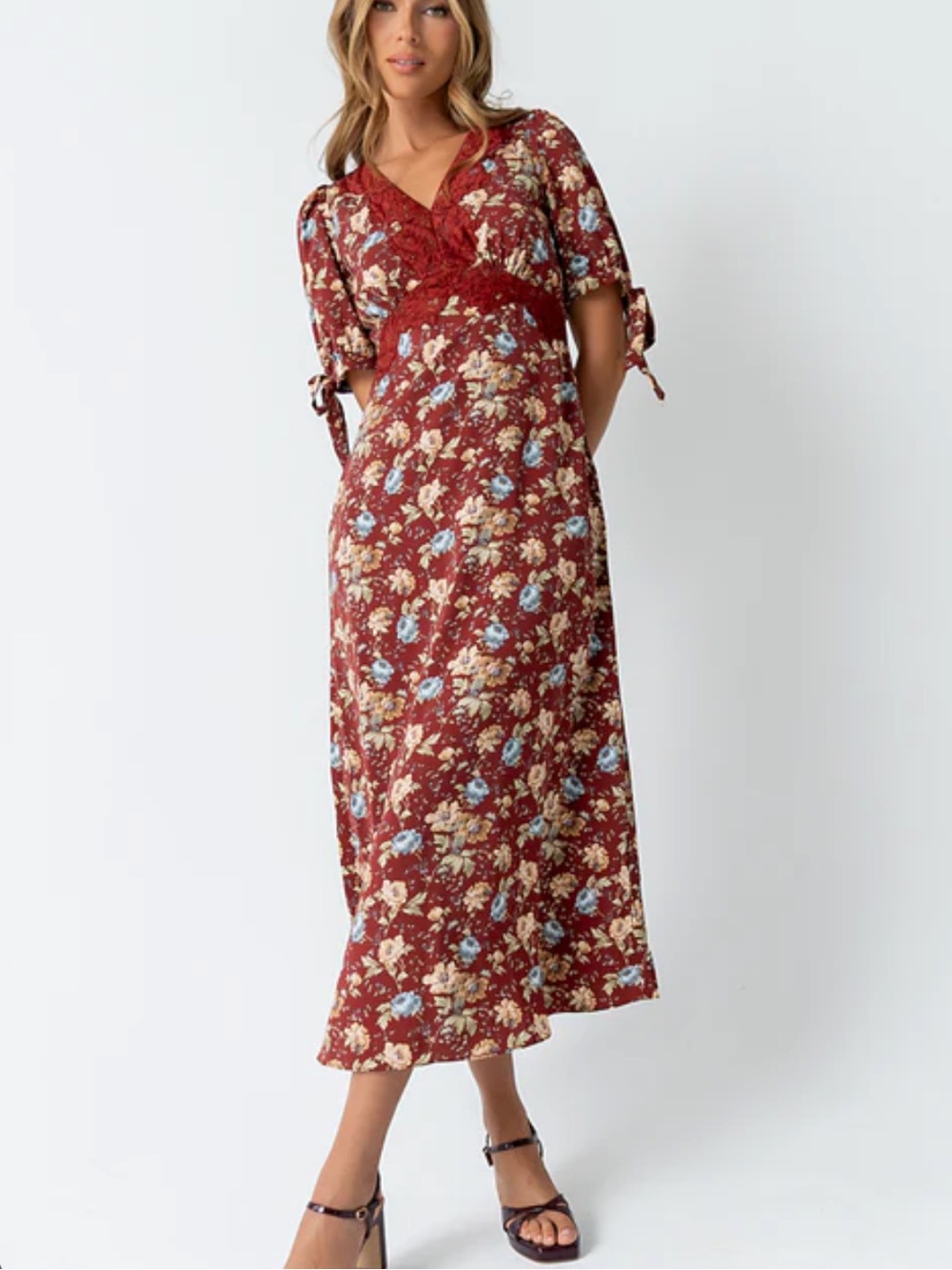 Polagram Burgundy Floral Maxi Dress with Blue and Cream Accents